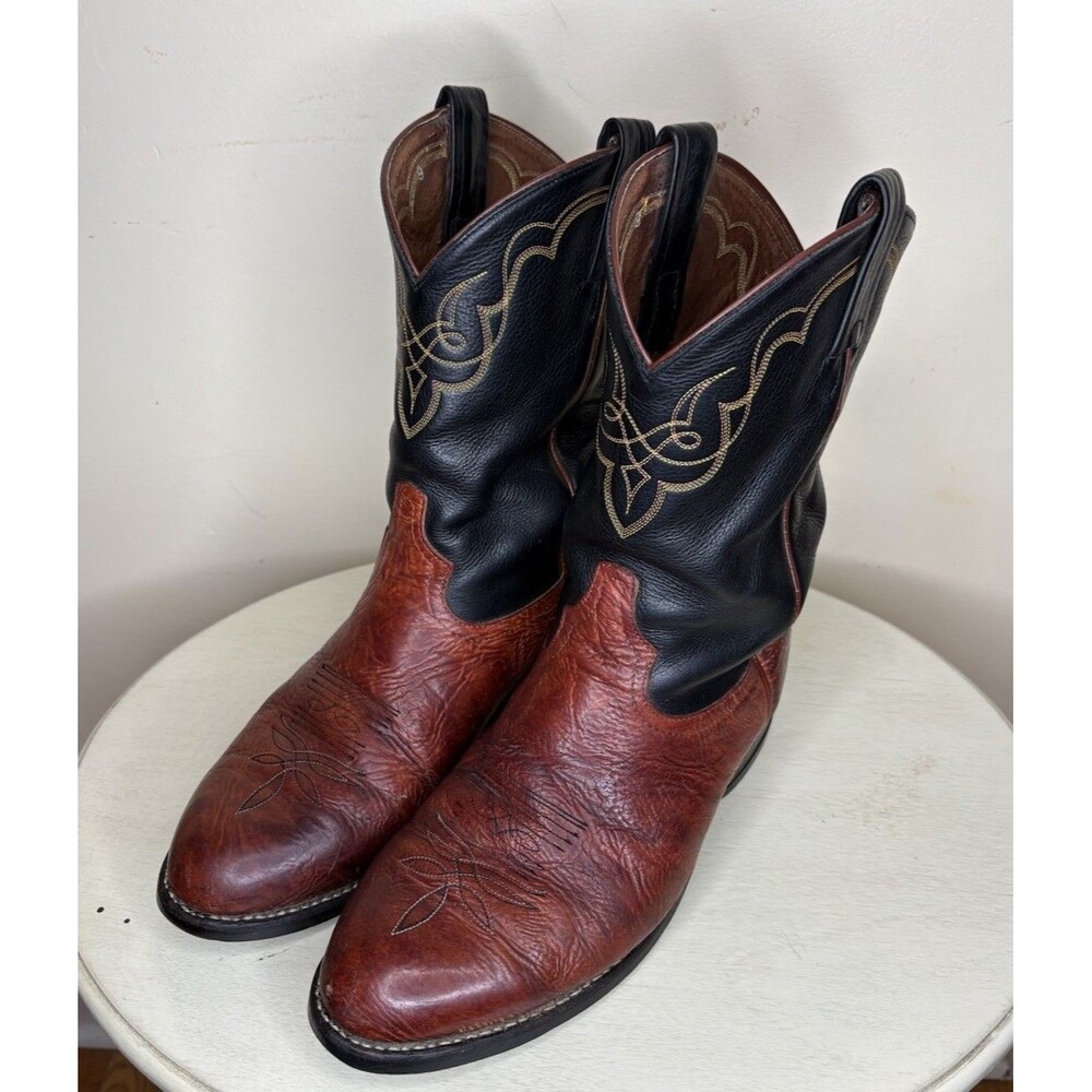 Vintage Tony Lama Men’s 9.5 EE Cowboy Boots Two Tone Bullhide Black Shaft USA